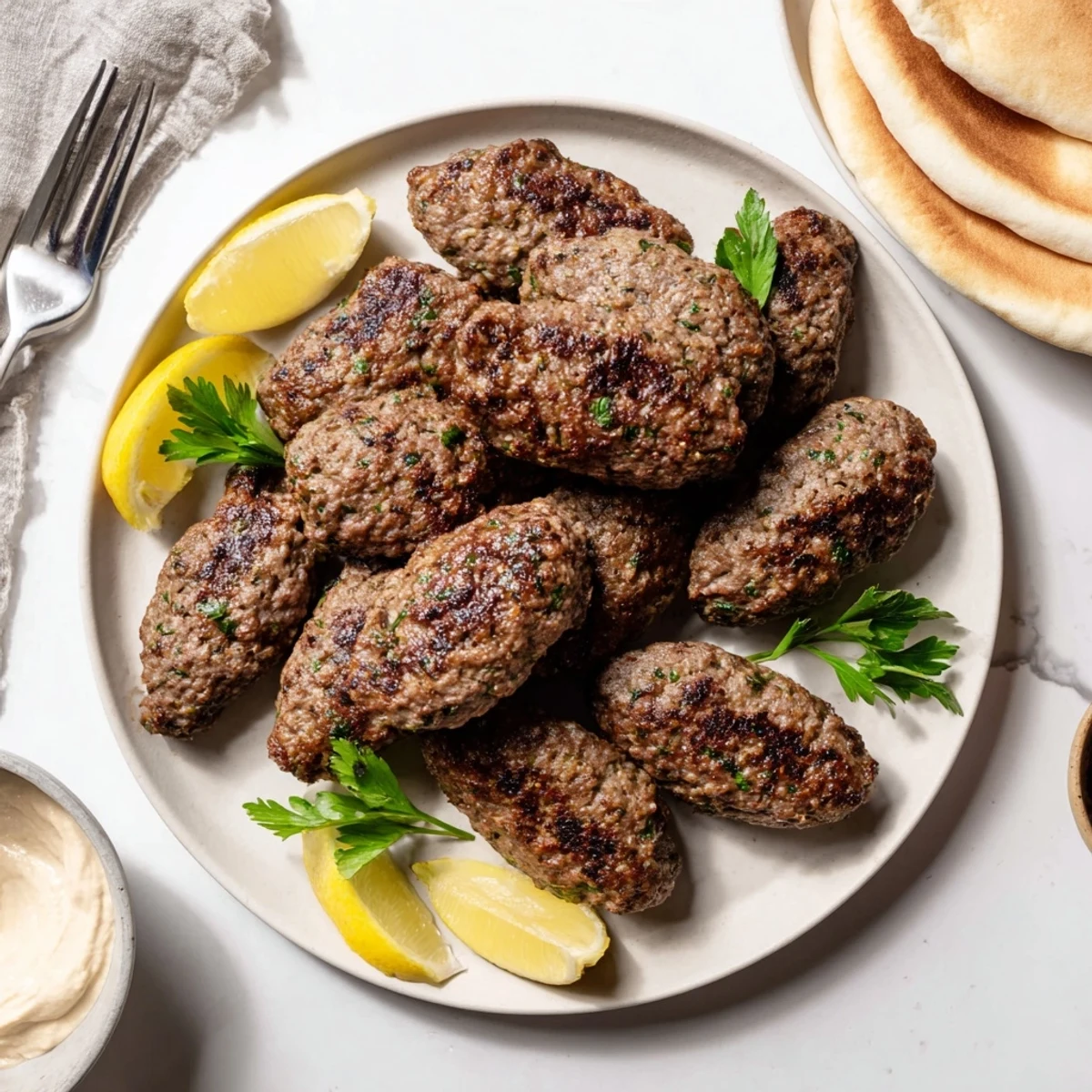 Golden grilled Lebanese kafta kebabs on skewers garnished with fresh parsley and lemon wedges