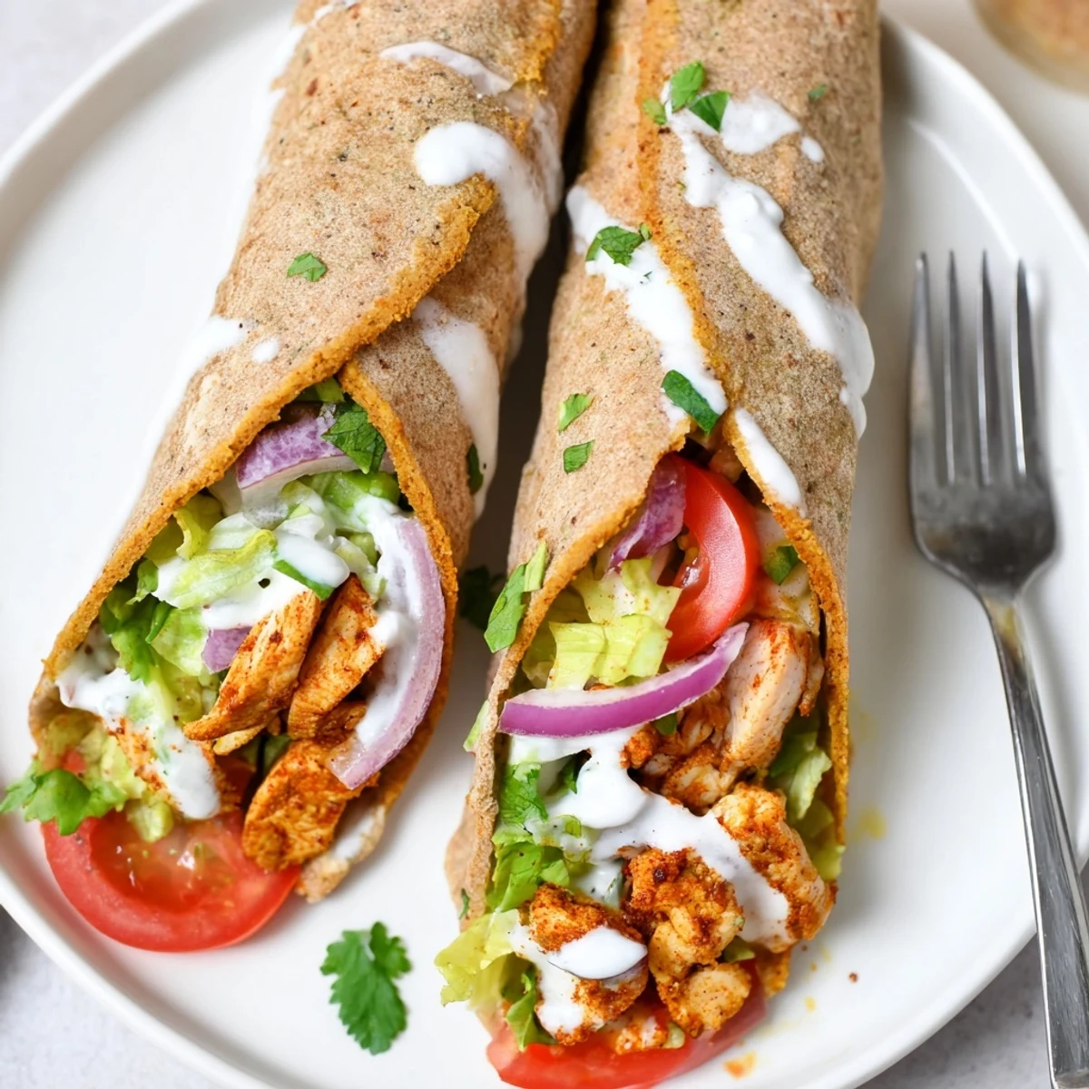 Crispy cottage cheese flatbread wraps stuffed with spiced grilled chicken and colorful lettuce tomato toppings
