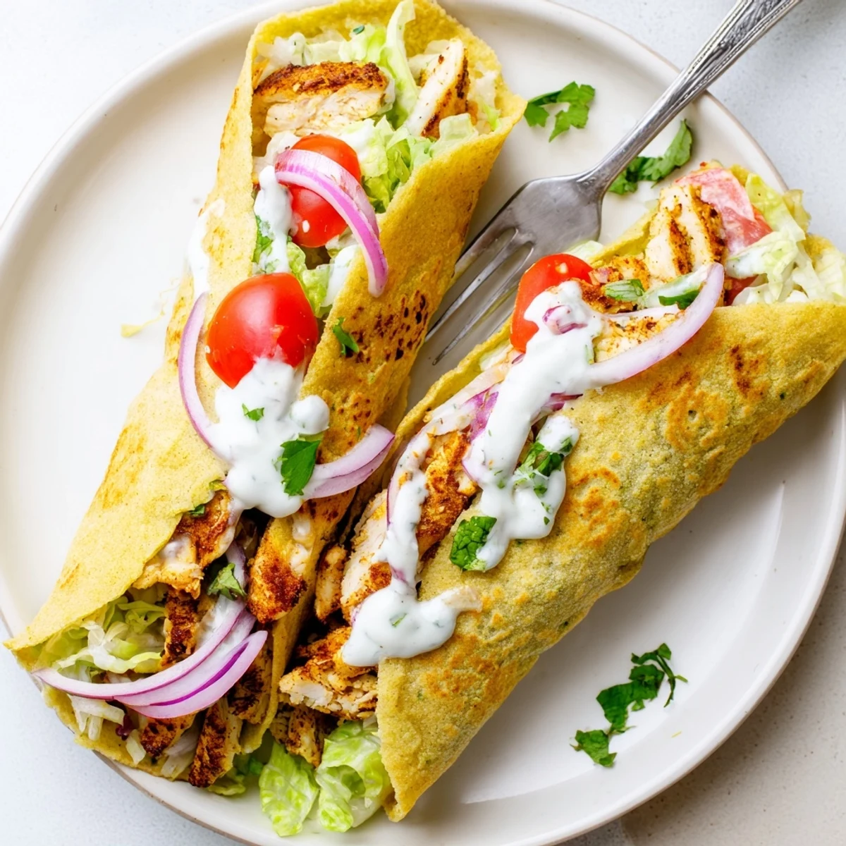 Golden high protein cottage cheese flatbread chicken wraps filled with fresh vegetables and Greek yogurt