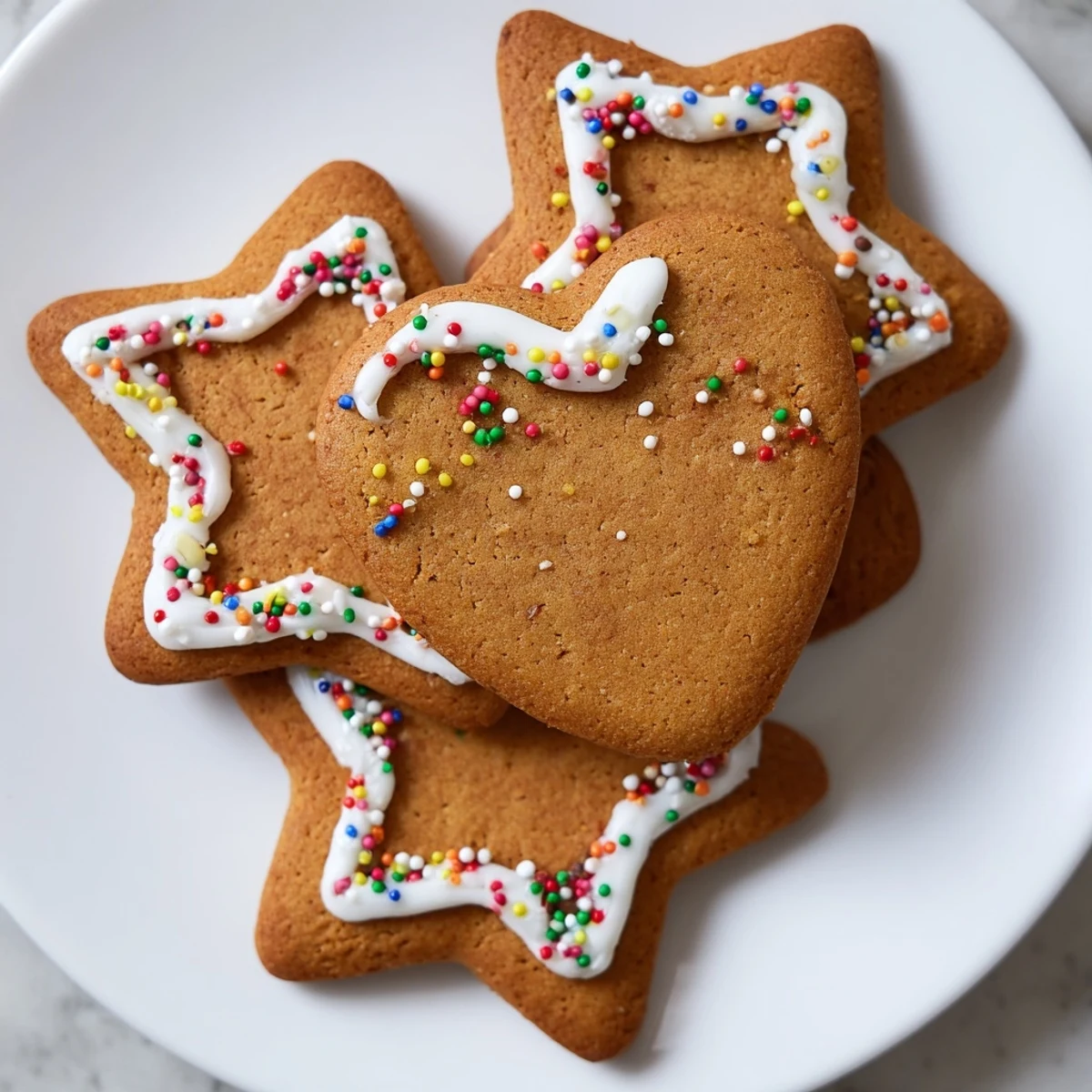 Classic cut out gingerbread cookies decorated with white icing and colorful sprinkles on a white plate