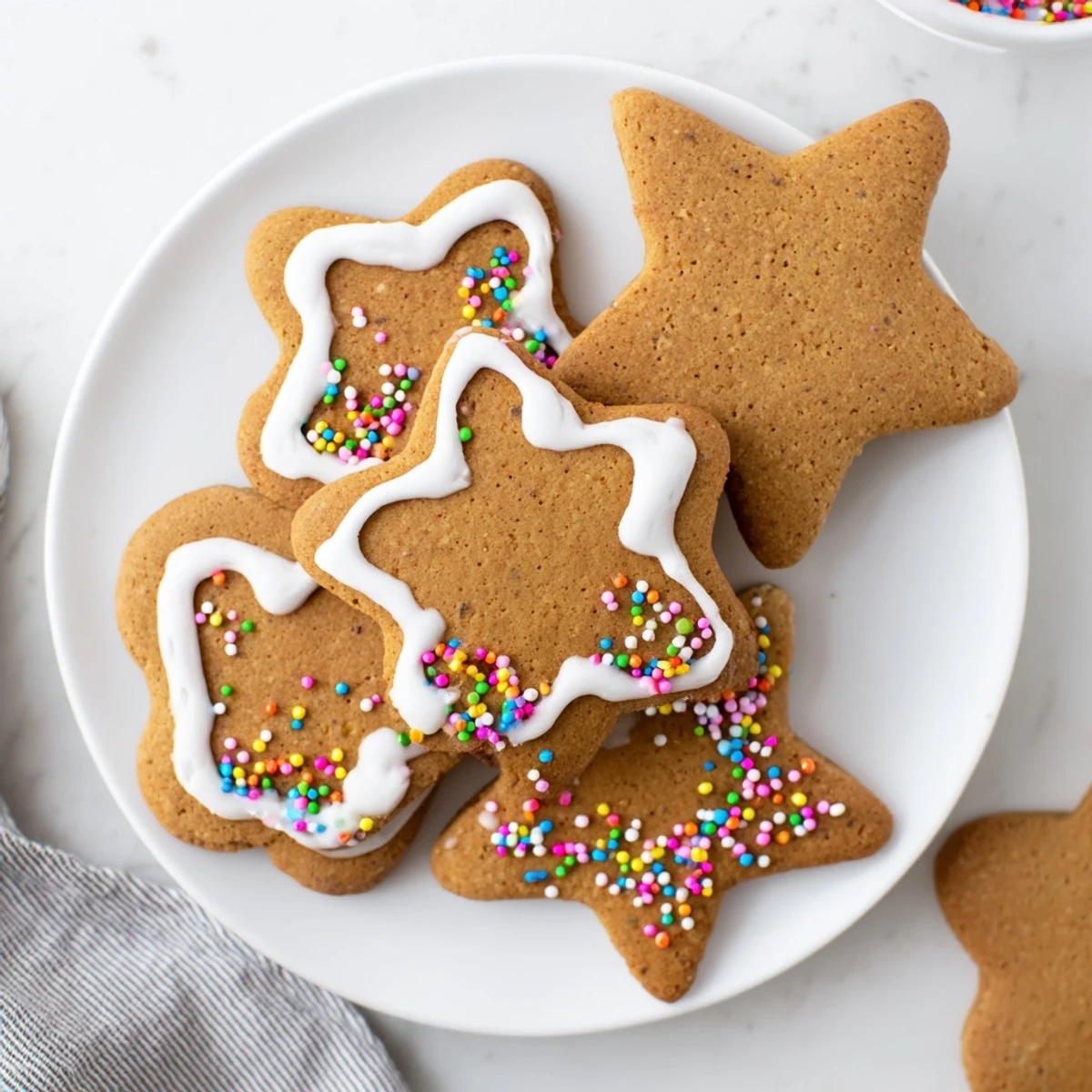 Golden brown gingerbread men cookies arranged on a wooden board with decorating supplies nearby