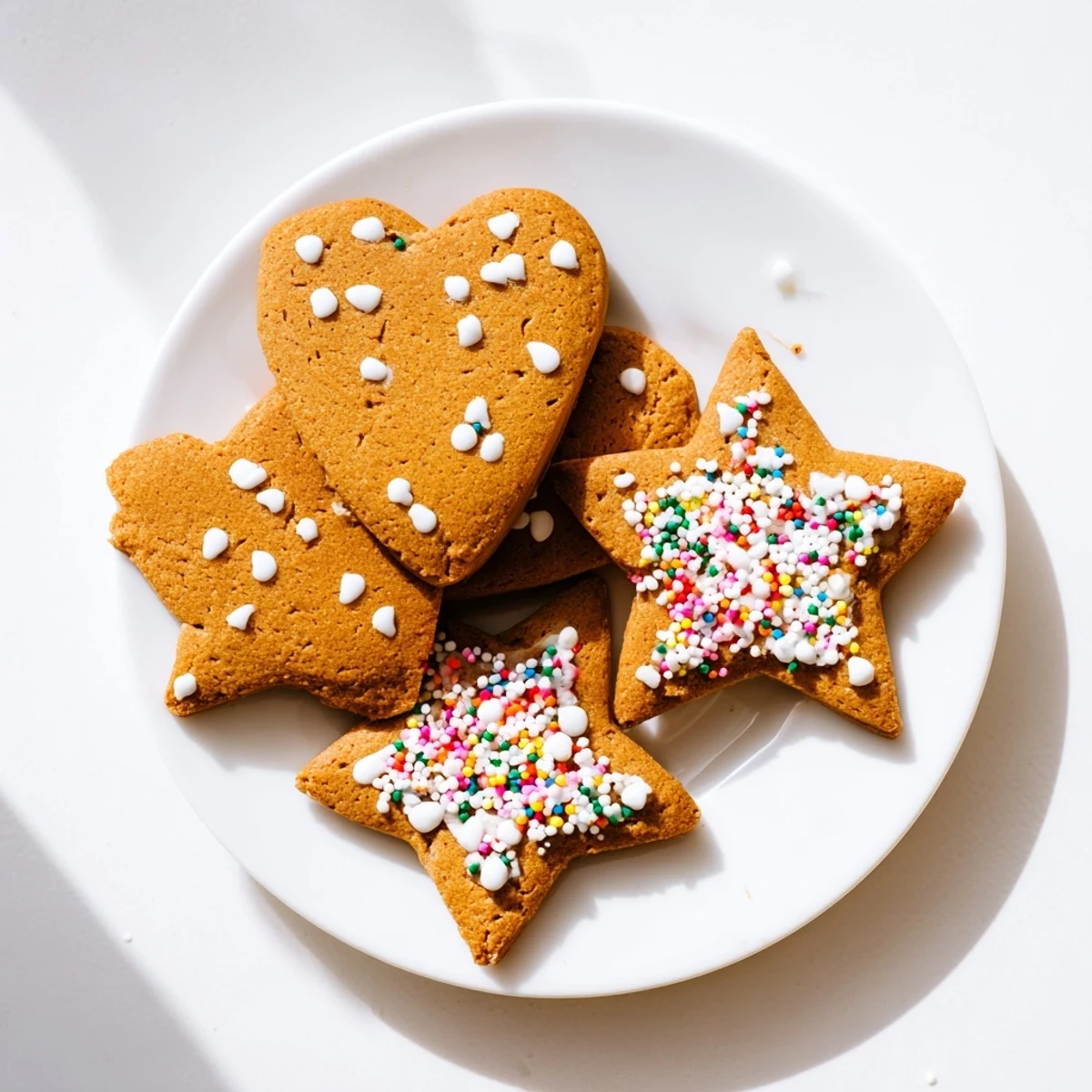 Soft spiced gingerbread cookies shaped like festive stars and hearts with piped royal icing details