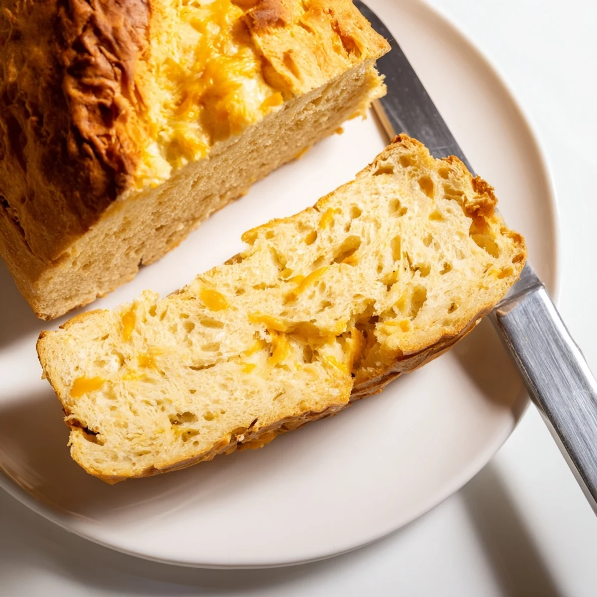 Golden no knead cheddar bread with a crisp crust and tender cheesy interior