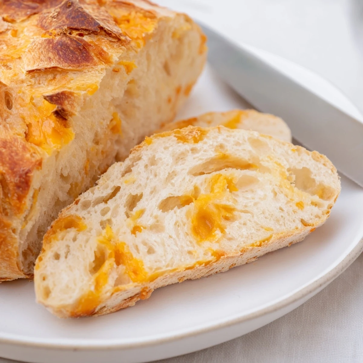 Rustic homemade no knead cheddar bread loaf freshly baked to deep golden perfection