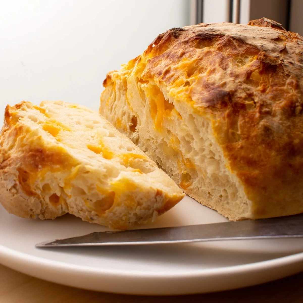 Sliced no knead cheddar bread showing soft crumb pockets with melted sharp cheddar