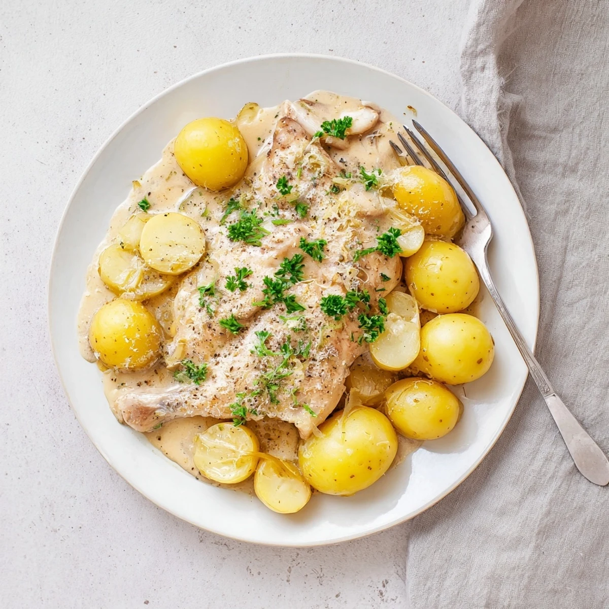 Golden slow cooker garlic parmesan chicken with tender potatoes garnished with fresh parsley