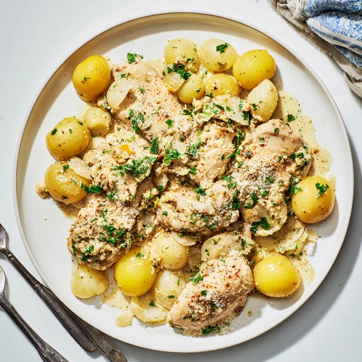 Creamy parmesan chicken and potatoes cooked to perfection in a slow cooker with herbs