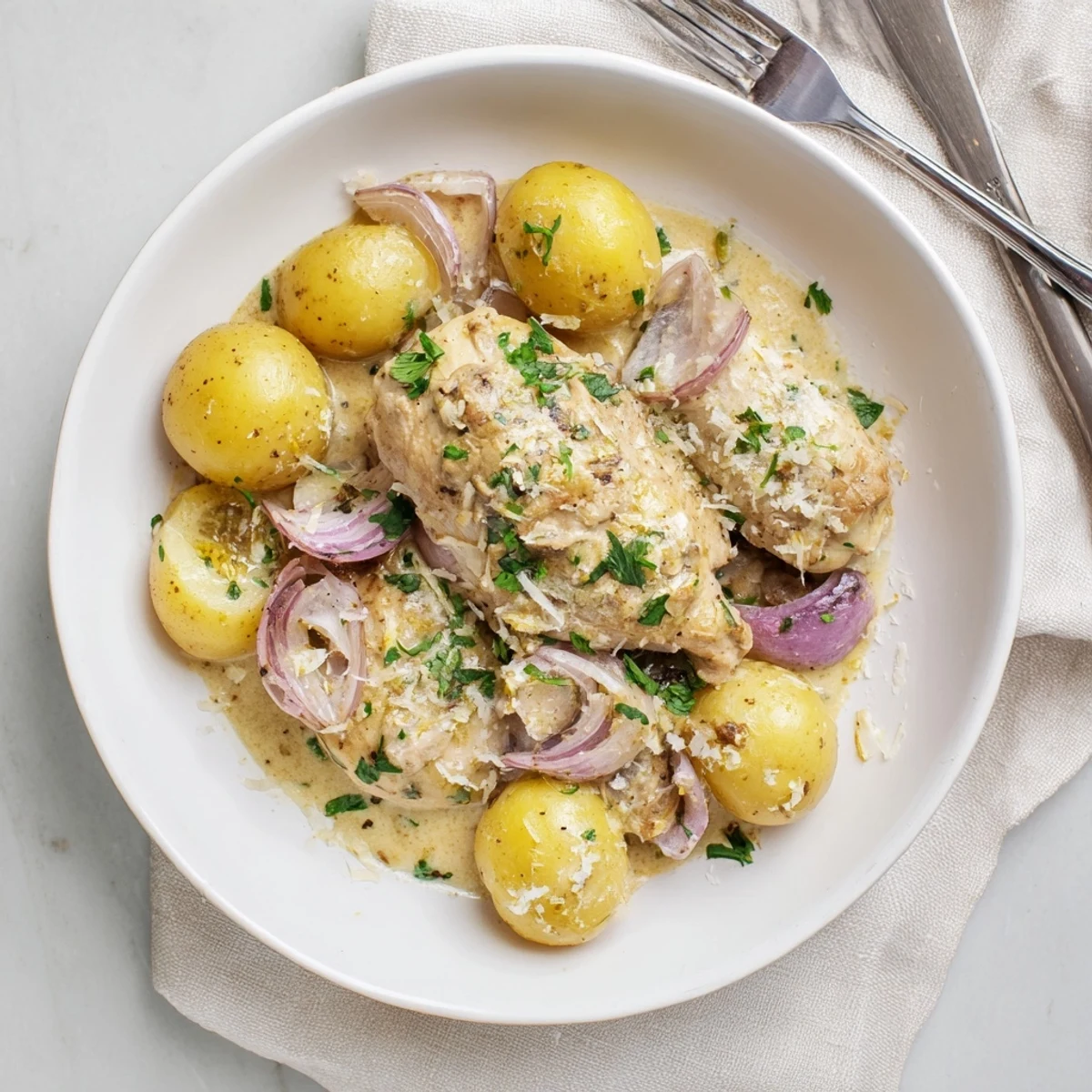 Savory garlic parmesan chicken nestled alongside baby potatoes in a rich slow cooker sauce