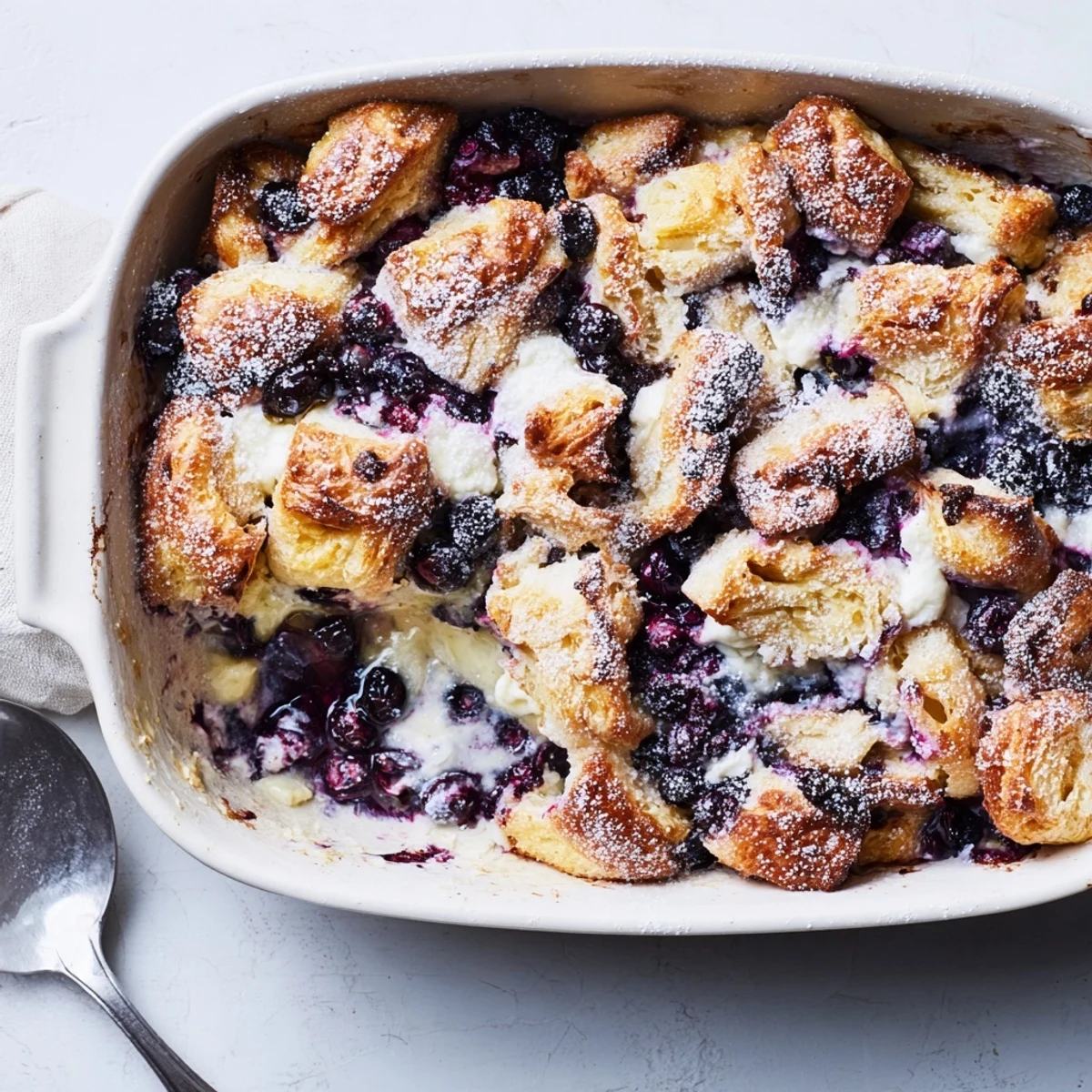 Golden blueberry cream cheese croissant casserole with bubbling fruit and creamy layers