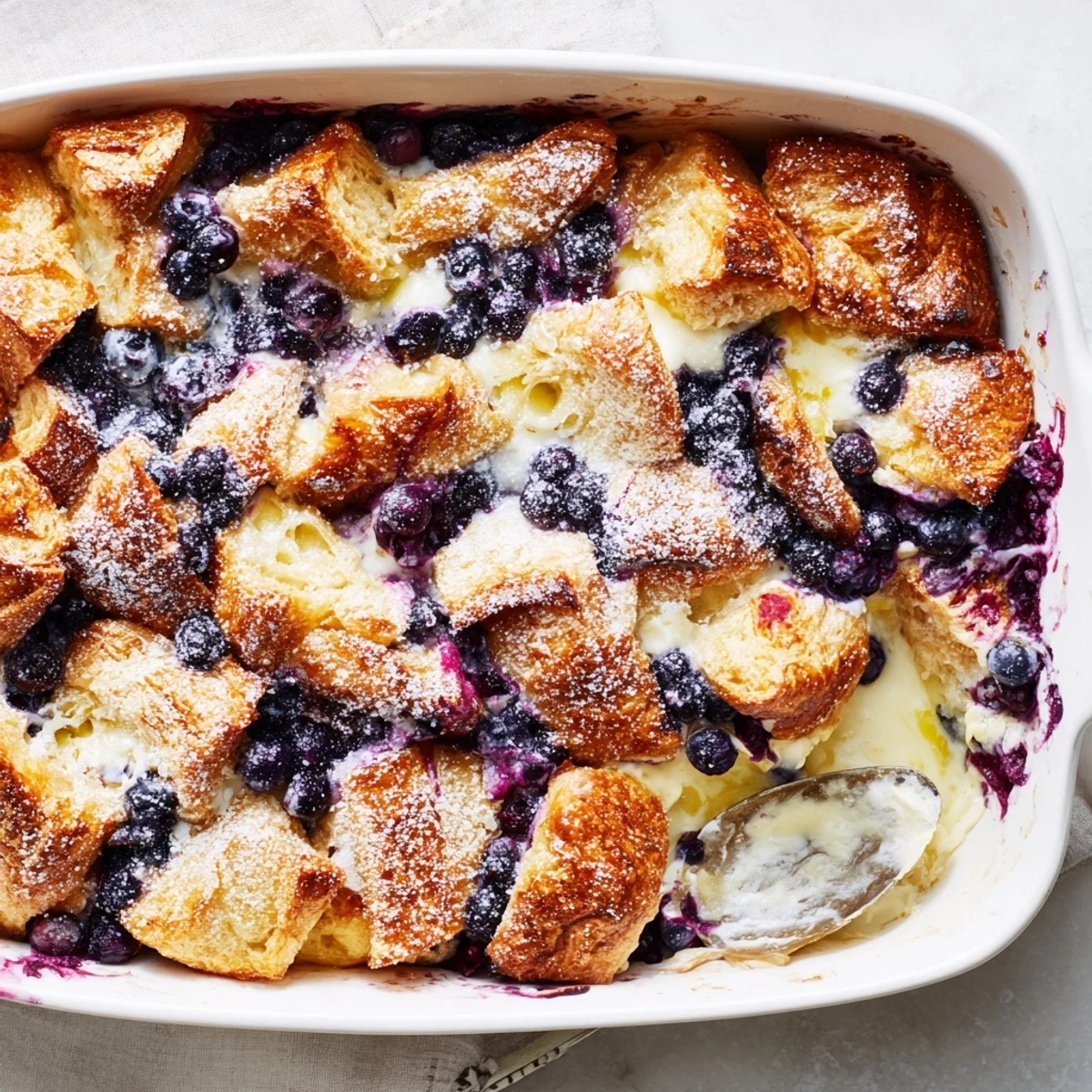 Fresh blueberry cream cheese croissant casserole dusted with powdered sugar on a white plate