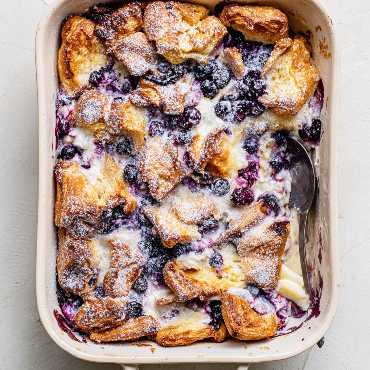 Buttery blueberry cream cheese croissant casserole baked to golden brown perfection with juicy berries
