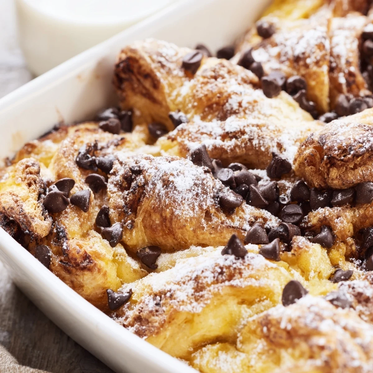 Golden chocolate croissant breakfast bake with melted chocolate chips and custard-soaked pastry layers