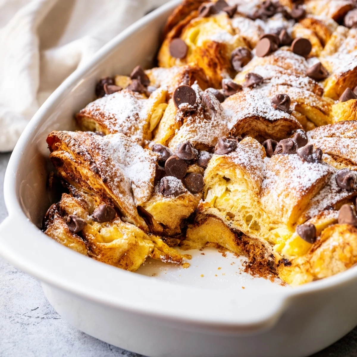 Decadent chocolate croissant breakfast bake served warm with powdered sugar dusting and fresh berries
