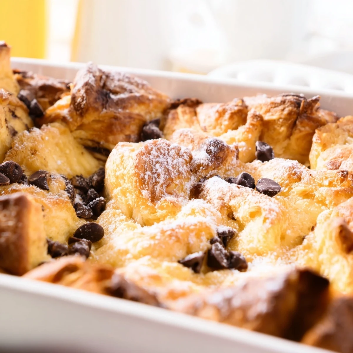 Buttery croissant pieces baked in rich vanilla custard with gooey semi-sweet chocolate chunks