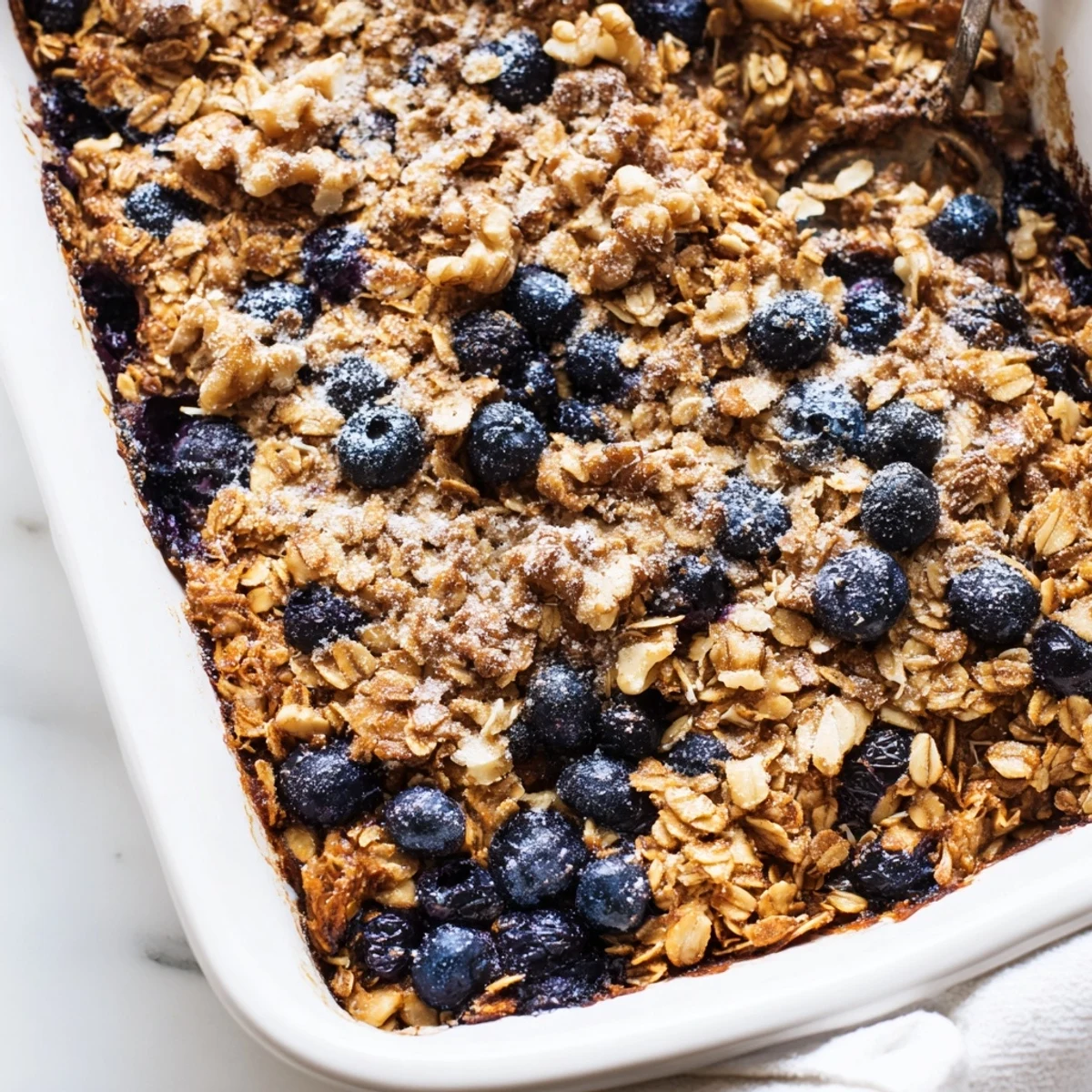 Golden lemon blueberry baked oatmeal topped with juicy berries in a white ceramic dish