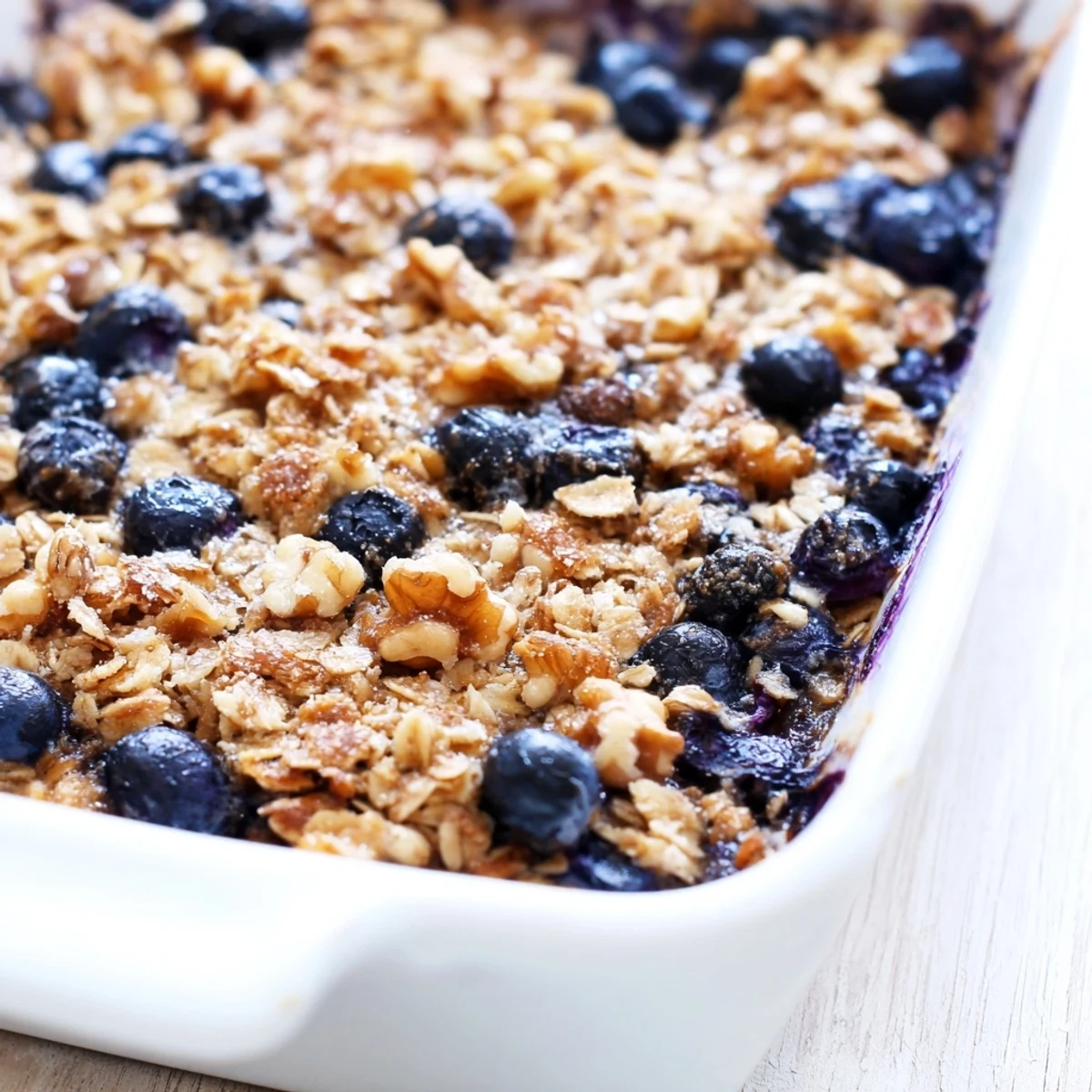 Fresh baked oatmeal casserole with plump blueberries and lemon zest served warm for breakfast