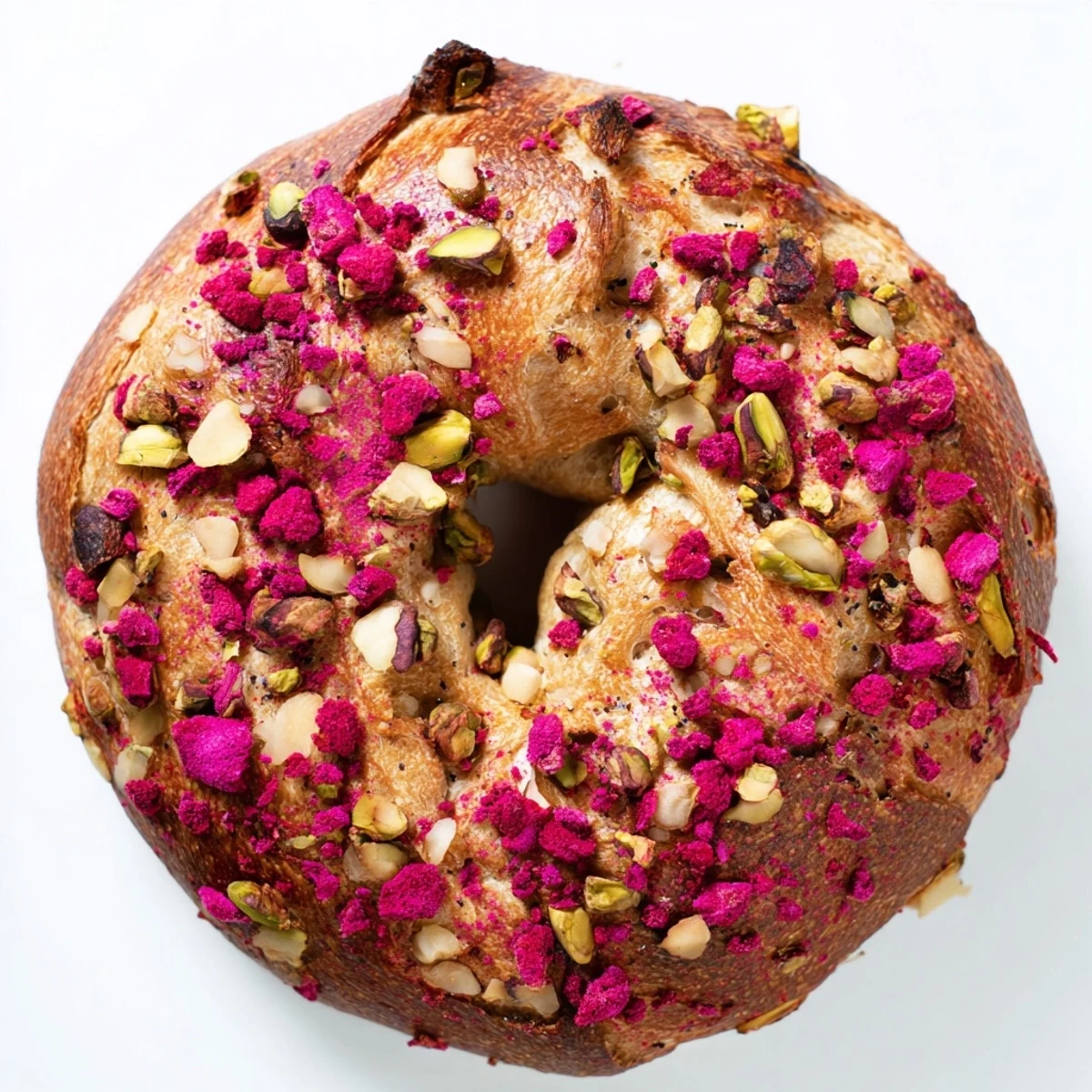 Golden brown raspberry pistachio sourdough bagels topped with crushed nuts and berry pieces on a wooden board