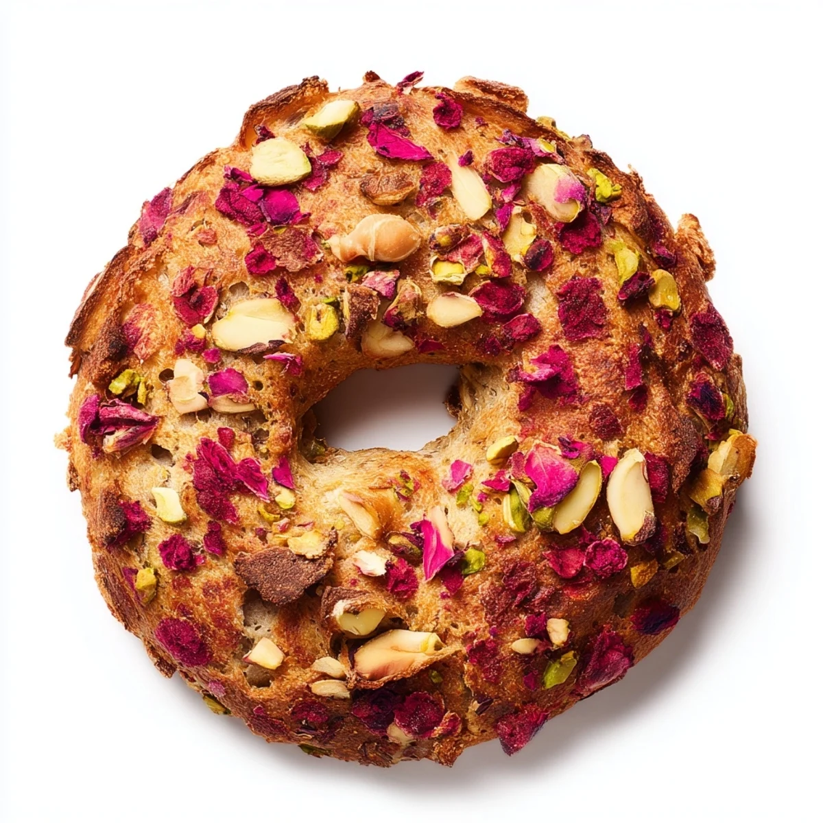 Freshly baked sourdough bagels speckled with bright red raspberries and green pistachios, sliced open to reveal chewy interior