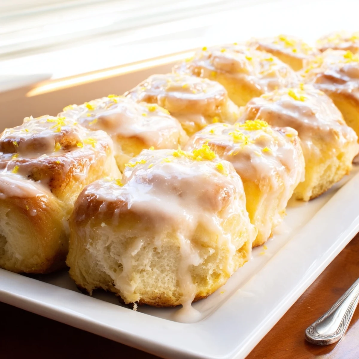 Golden lemon rolls fresh from the oven with tangy glaze drizzle