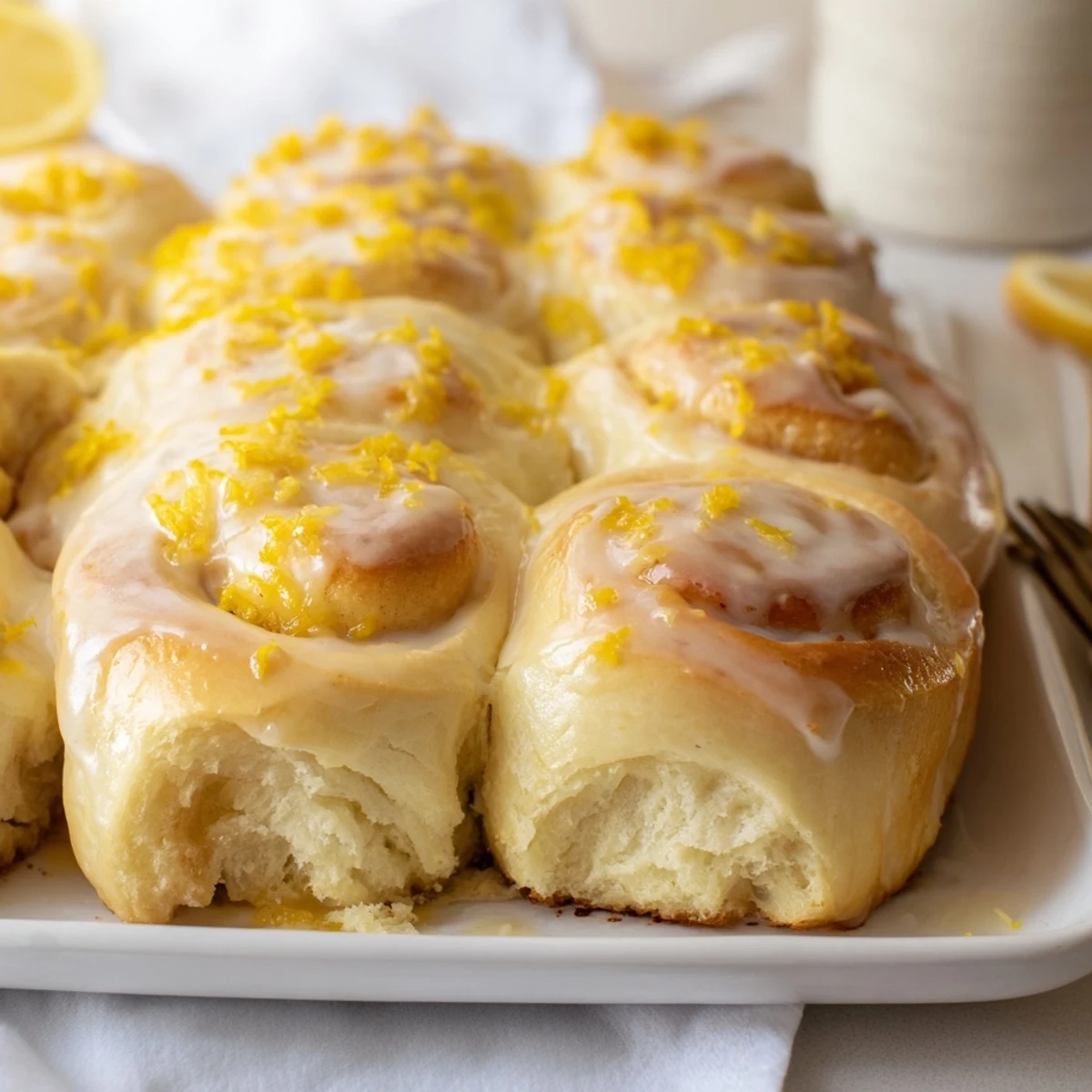 Soft glazed lemon rolls arranged in a baking pan with zest garnish