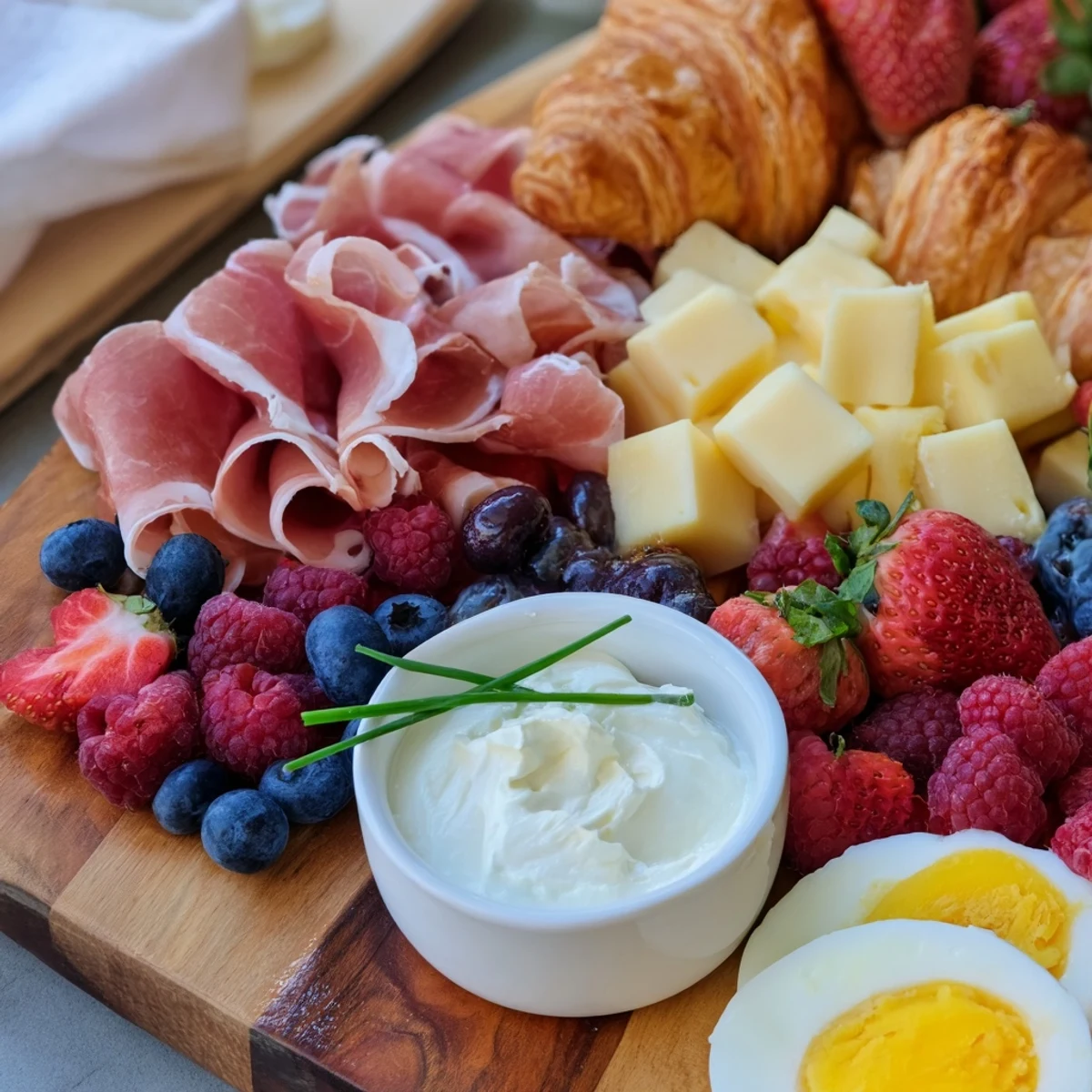 Colorful breakfast charcuterie board loaded with meats cheeses fresh fruits and pastries on wooden platter