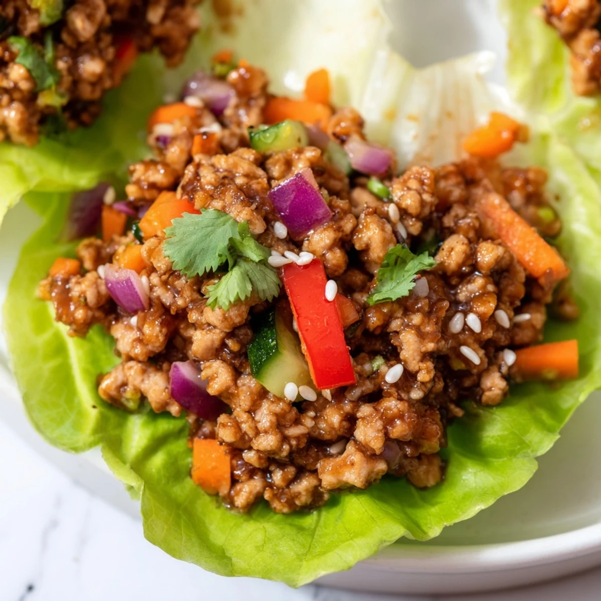 Seasoned ground turkey mixture served in crisp romaine lettuce cups with fresh vegetables