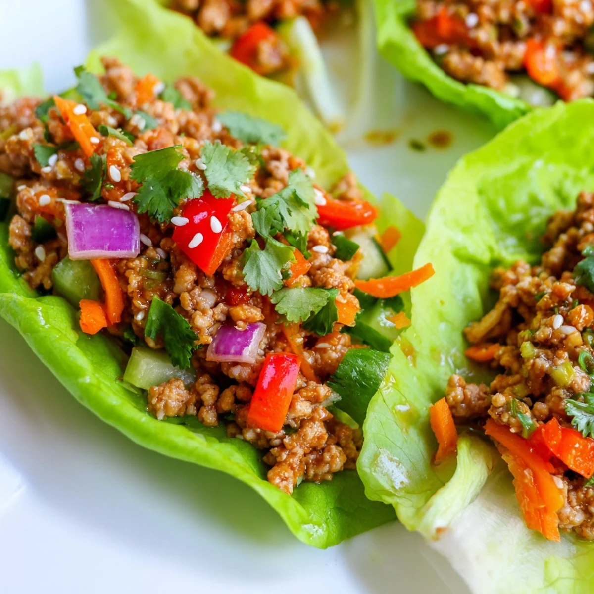Healthy ground turkey lettuce wrap bowls topped with cilantro sesame seeds and lime