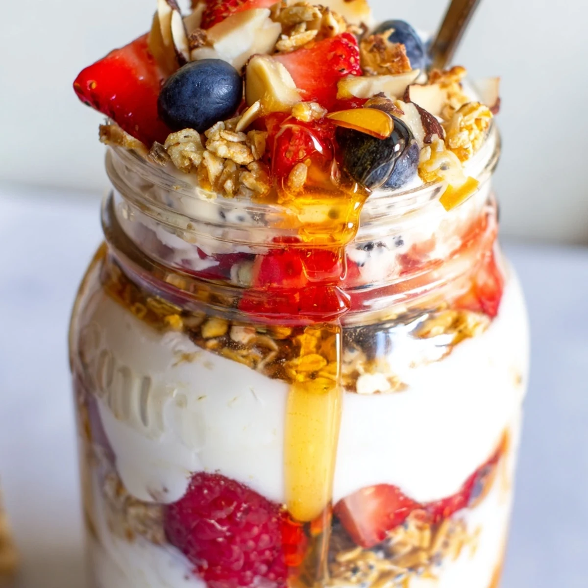 Creamy Greek Yogurt Parfait layered with fresh berries and crunchy granola in a clear glass