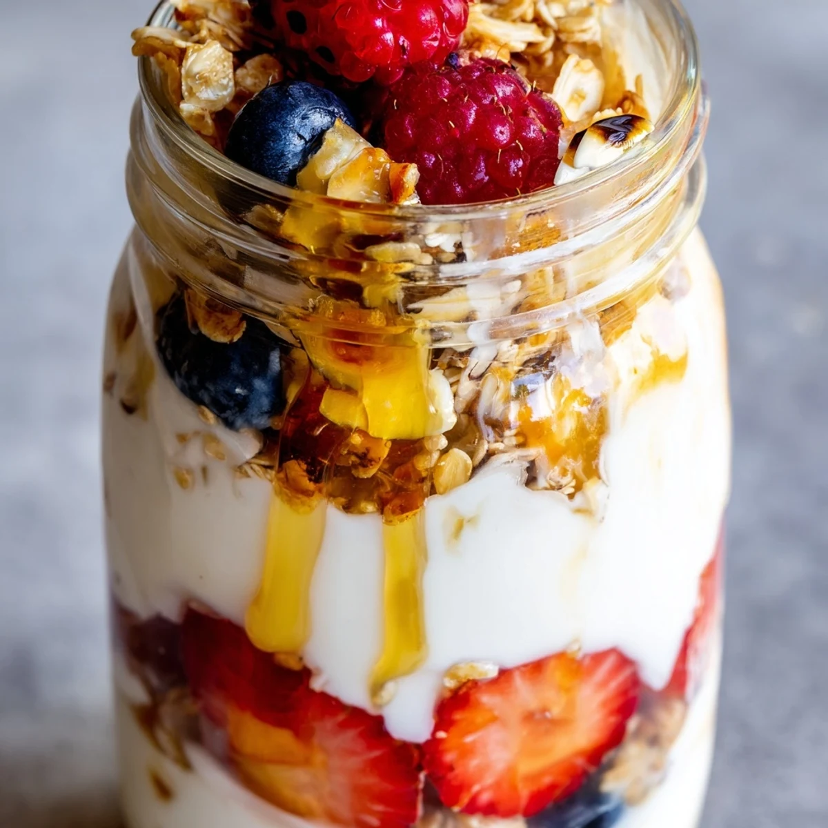 Greek Yogurt Parfait topped with vibrant mixed berries and a drizzle of golden honey