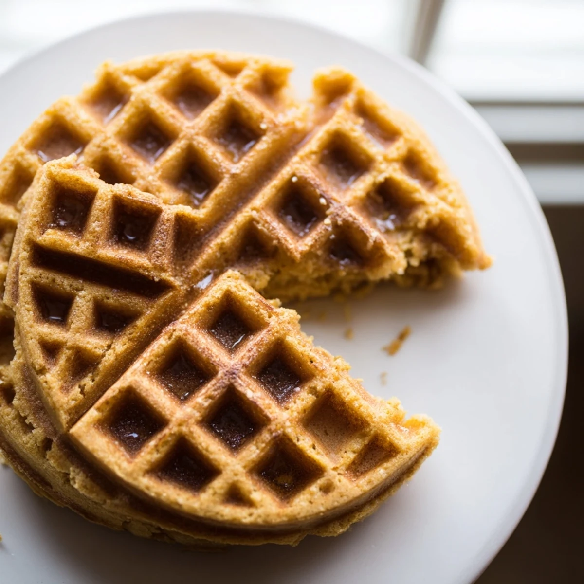 Golden brown Greek yogurt waffles stacked high with fresh berries and maple syrup