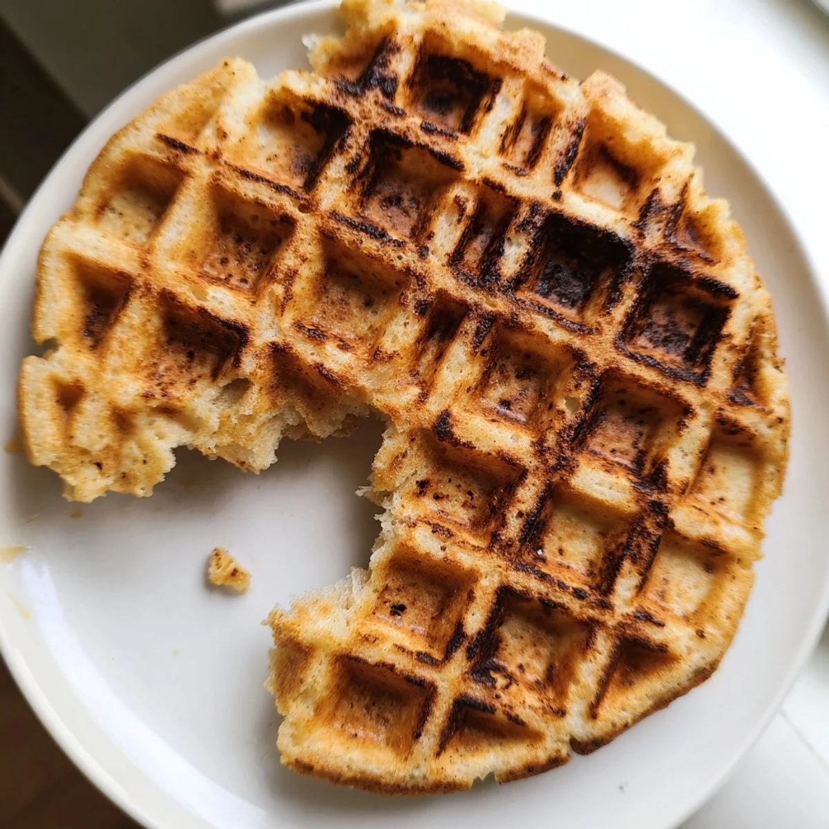 Crispy Greek yogurt waffles served warm on a white plate with honey drizzle