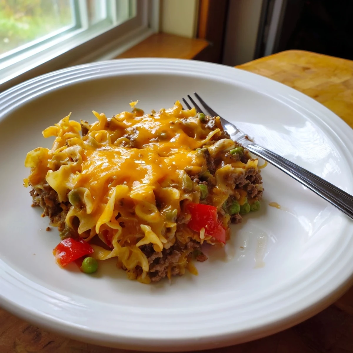 Golden bubbling cheesy beef and noodle casserole fresh from the oven with melted cheddar topping