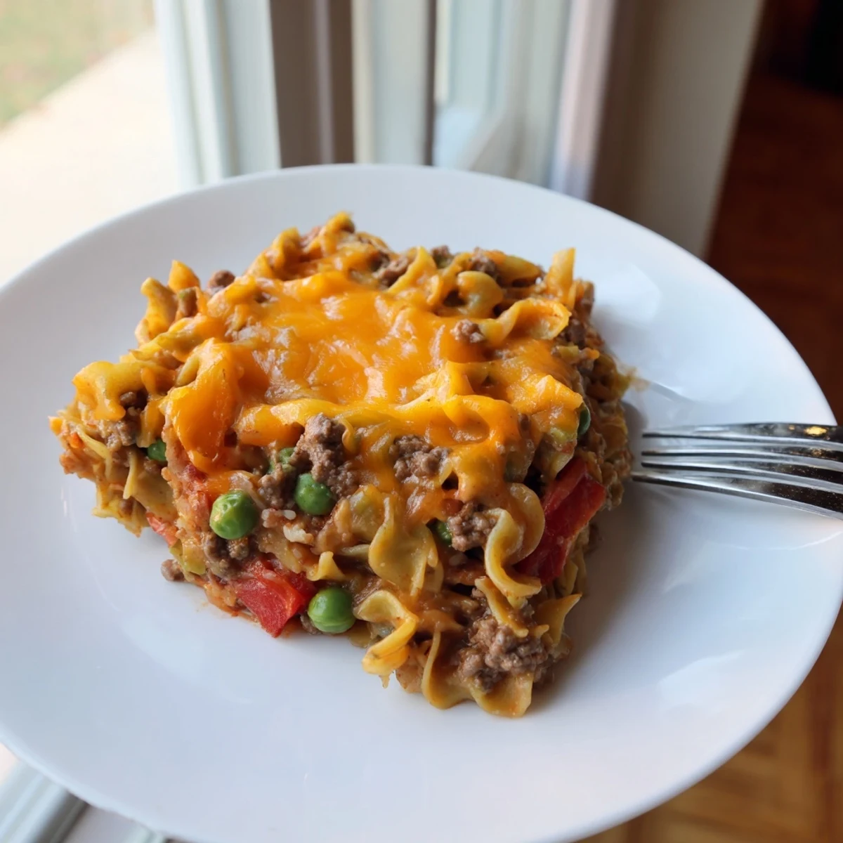 Creamy cheesy beef and noodle casserole topped with melted cheddar in a glass baking dish