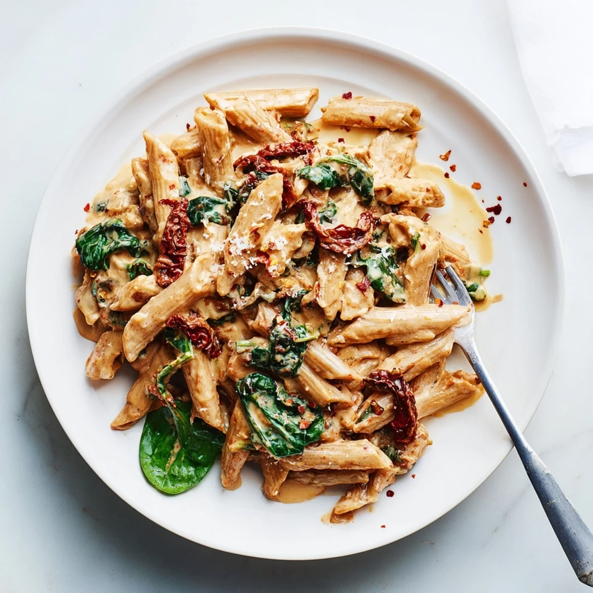 Creamy sun dried tomato spinach pasta in a rustic skillet with vibrant green wilted leaves