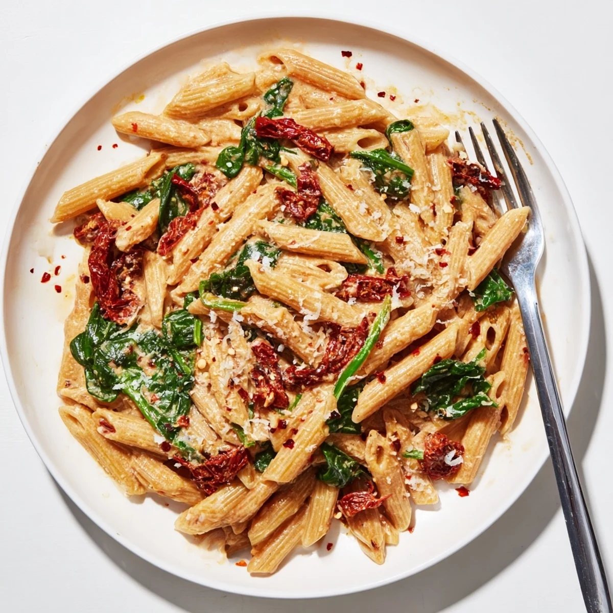 One pan creamy sun dried tomato spinach pasta coated in rich velvety Parmesan sauce