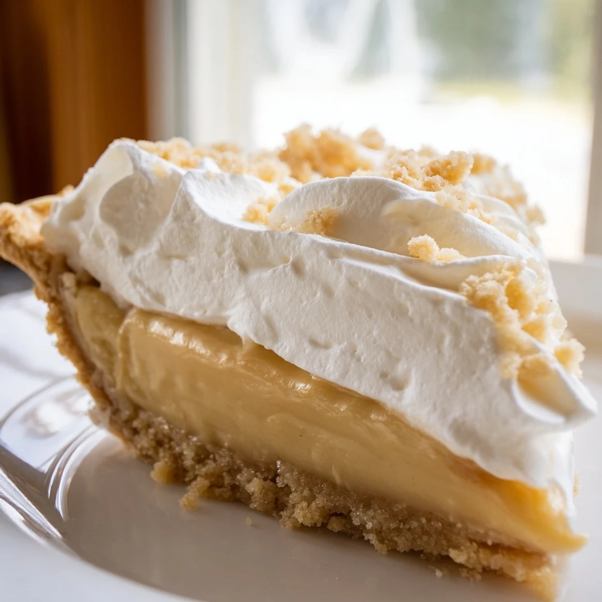Creamy Amish peanut butter dream pie topped with fluffy whipped cream and crumbly peanut butter bits