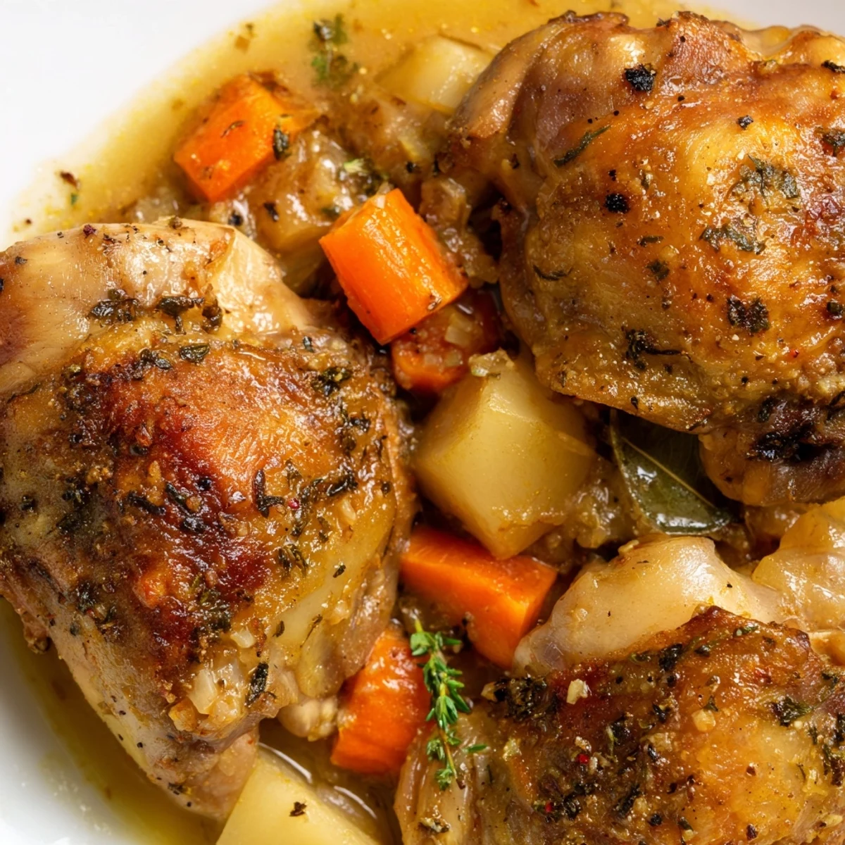 Tender slow cooker chicken dinner with carrots, potatoes, and fragrant herbs in rich savory sauce