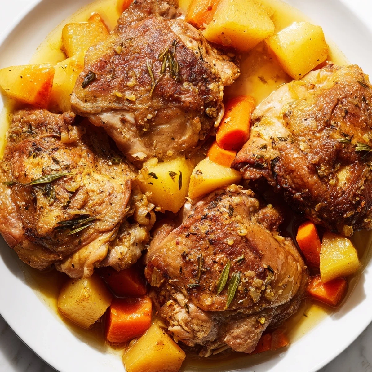 Slow cooker chicken dinner featuring juicy meat alongside tender vegetables in golden herb broth