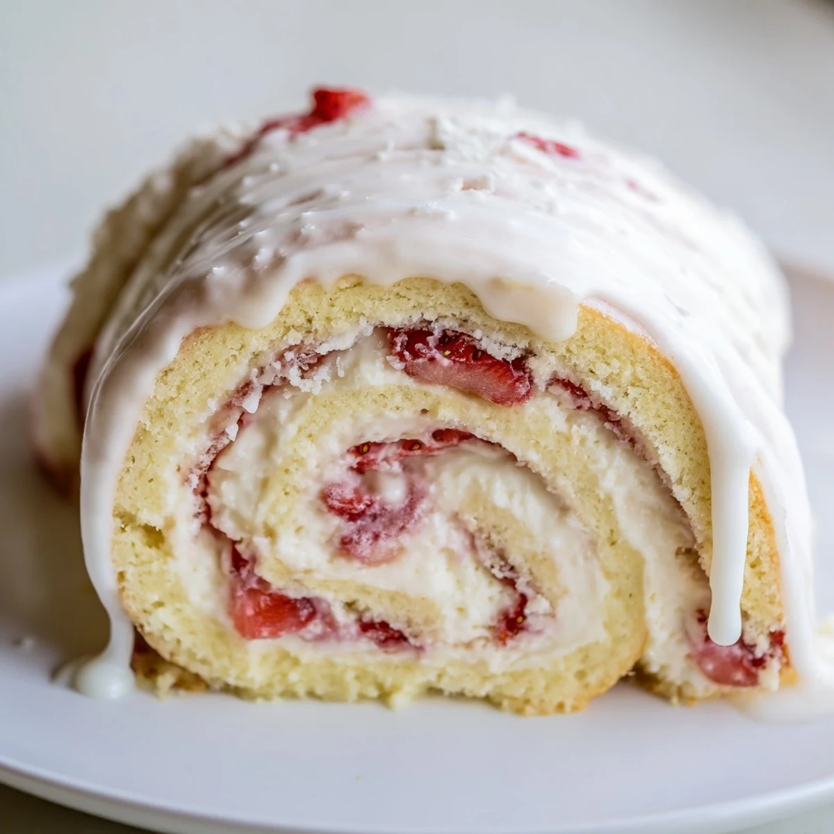 Golden strawberry shortcake cheesecake rolls drizzled with sweet vanilla glaze on a white plate