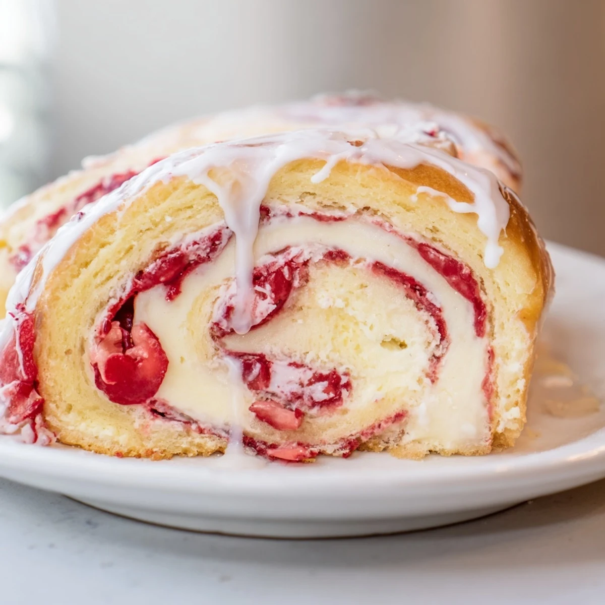 Soft baked rolls swirled with cream cheese filling and bright red fresh strawberry pieces