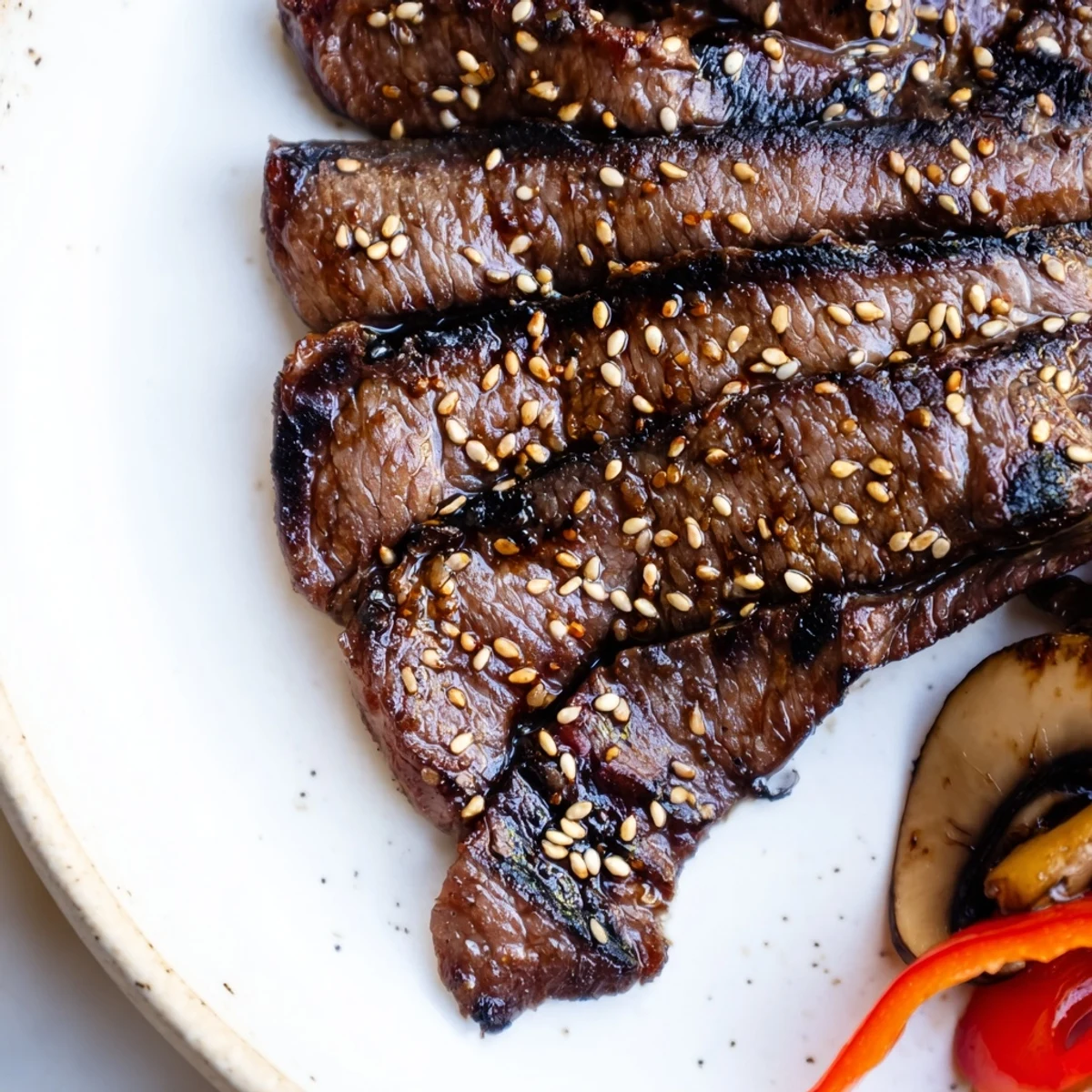 Caramelized beef yakiniku with colorful grilled vegetables served over fluffy steamed white rice