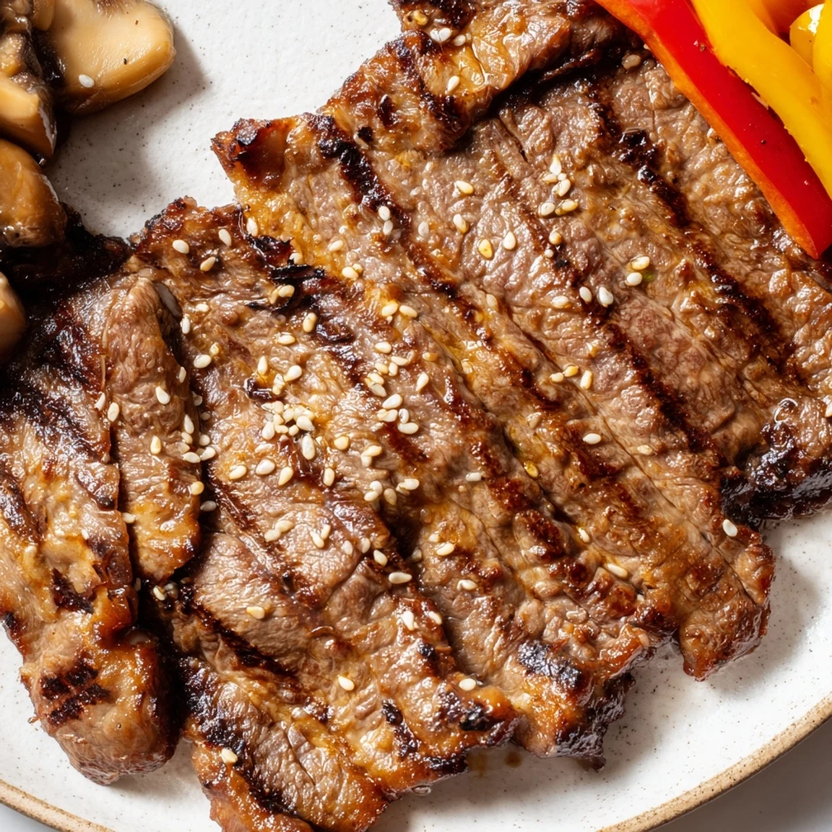 Thinly sliced beef yakiniku grilling to perfection with charred peppers and zucchini pieces