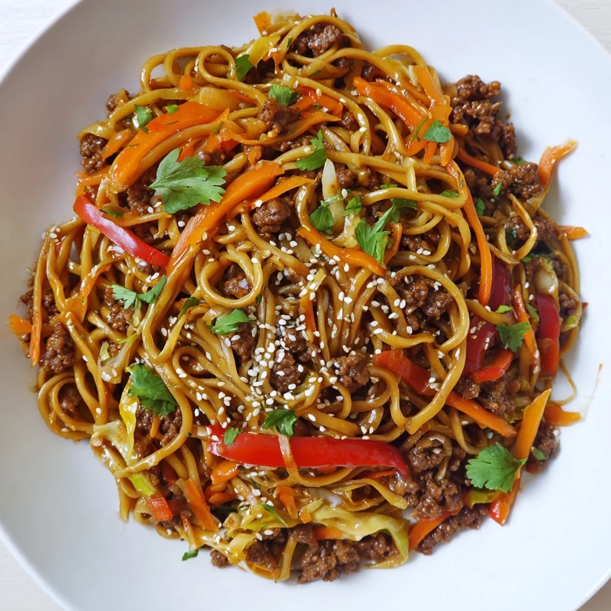 Steaming plate of Asian ground beef noodles topped with sesame seeds and green onions