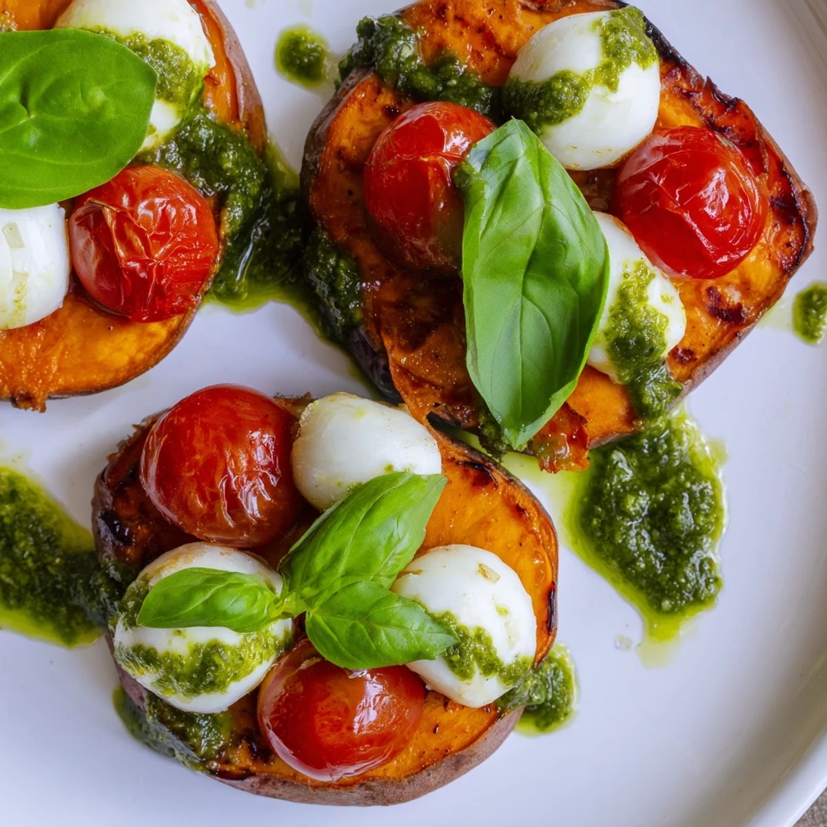 Roasted sweet potatoes with tomatoes mozzarella pesto garnished with fresh basil leaves on rustic white plate