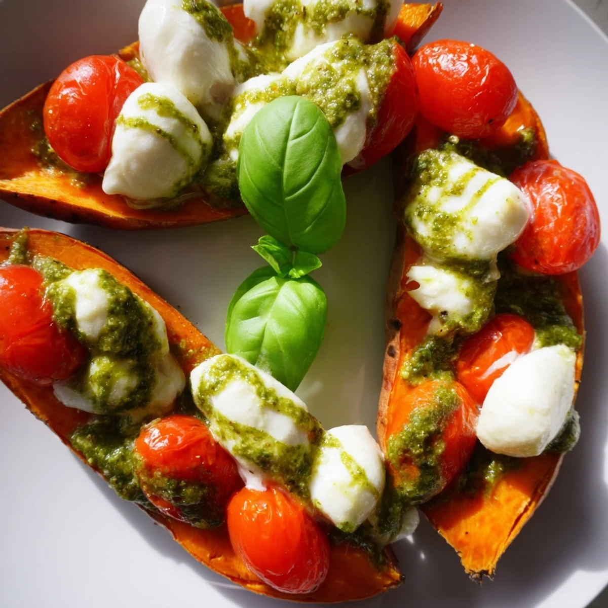 Golden caramelized sweet potatoes with tomatoes mozzarella pesto drizzled with vibrant green herb sauce close-up