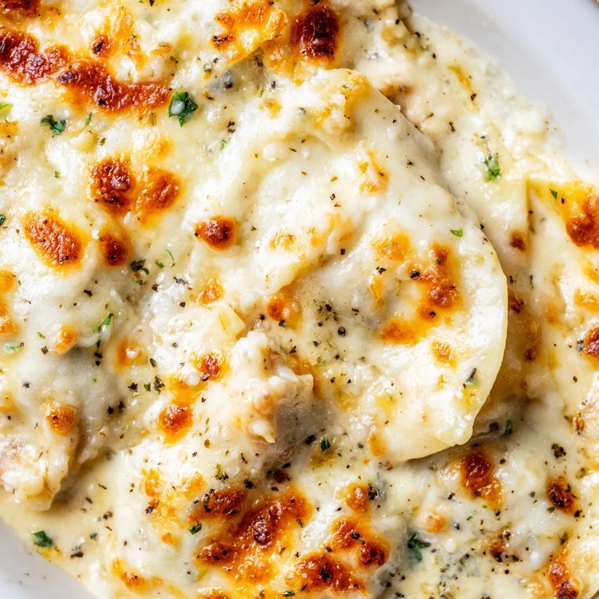 Golden bubbling chicken Alfredo baked ravioli casserole with melted mozzarella cheese topping