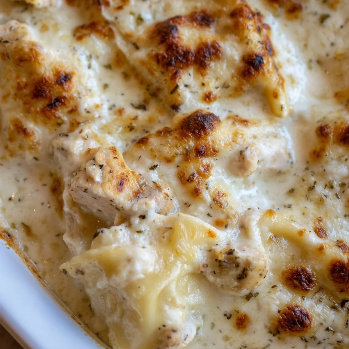Creamy chicken Alfredo baked ravioli served in a white dish with parsley garnish