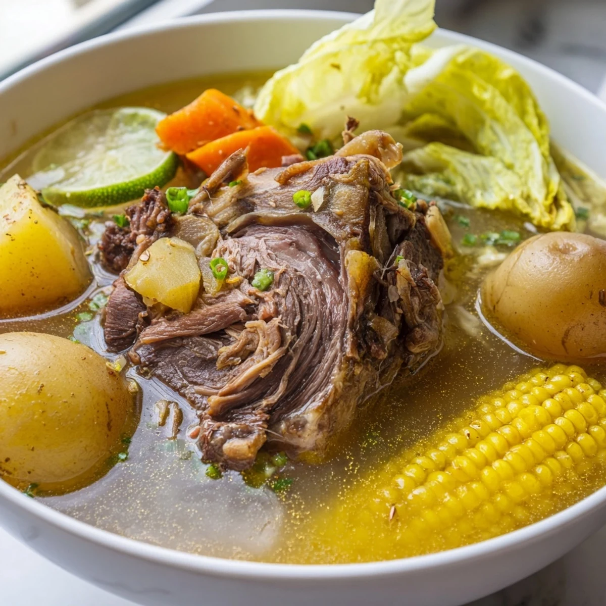 Steaming bowl of Filipino Bulalo with tender beef shank and vibrant vegetables in golden broth
