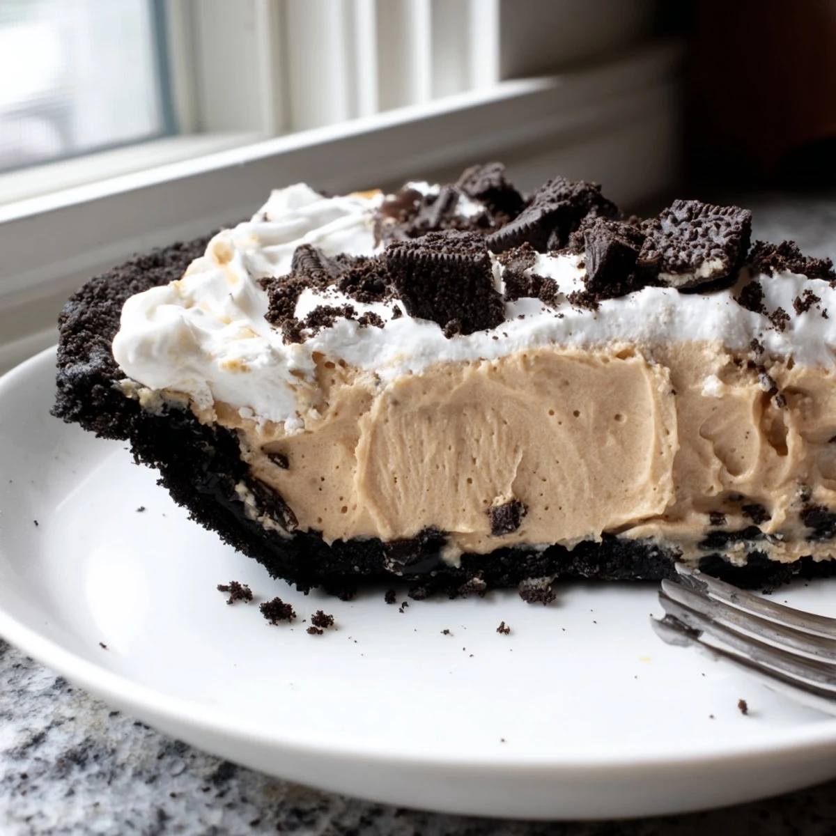 Creamy peanut butter Oreo pie with fluffy whipped topping and chocolate cookie crumbles