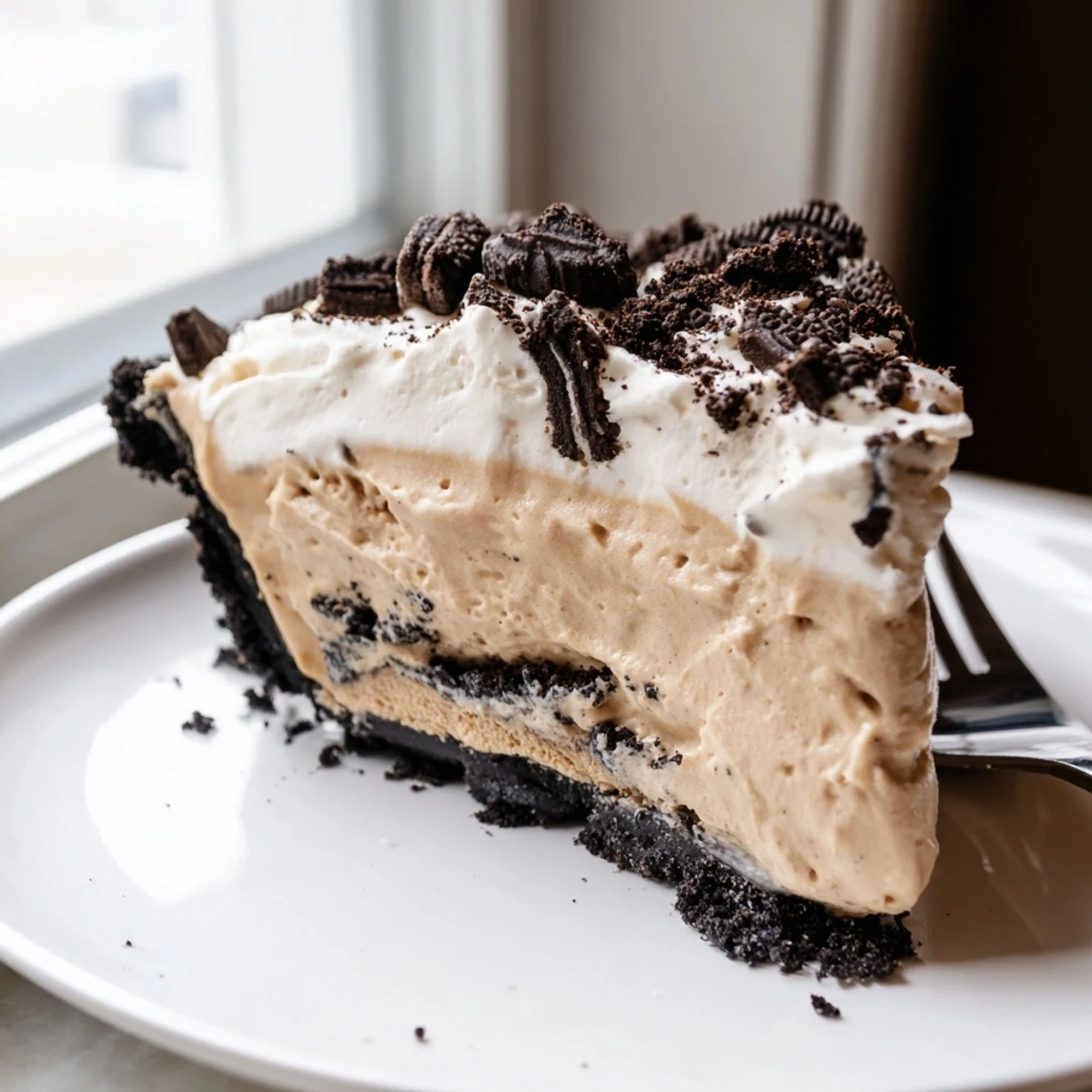 Decadent peanut butter Oreo pie garnished with crushed cookies atop billowy whipped cream